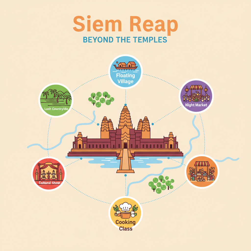 A vibrant, dynamic flat illustration depicting a map of Siem Reap, highlighting Angkor Wat significantly, but also featuring five distinct, color-coded icons representing other attractions like a floating village, a night market, a cooking class, a cultural show stage, and lush countryside, all connected by subtle dotted lines suggesting exploration beyond the temples. The style should be modern and inviting, suitable for a travel blog.
