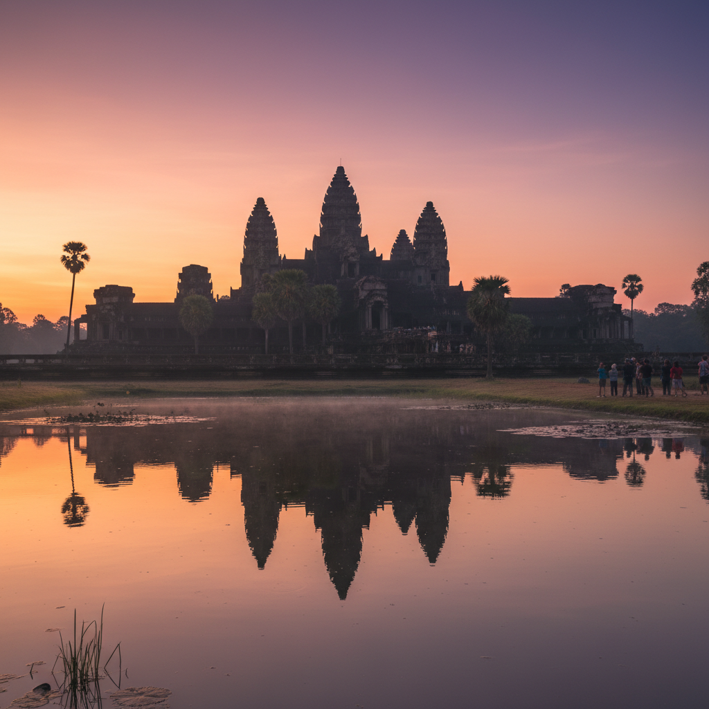 A professional wide-angle photograph capturing the majestic grandeur of Angkor Wat at sunrise. The iconic five towers are silhouetted against a sky painted with hues of orange, pink, and purple, with a hint of mist rising from the surrounding moat, reflecting the temple. A few people are visible in the foreground, quietly observing, emphasizing the awe-inspiring scale and spiritual significance.
