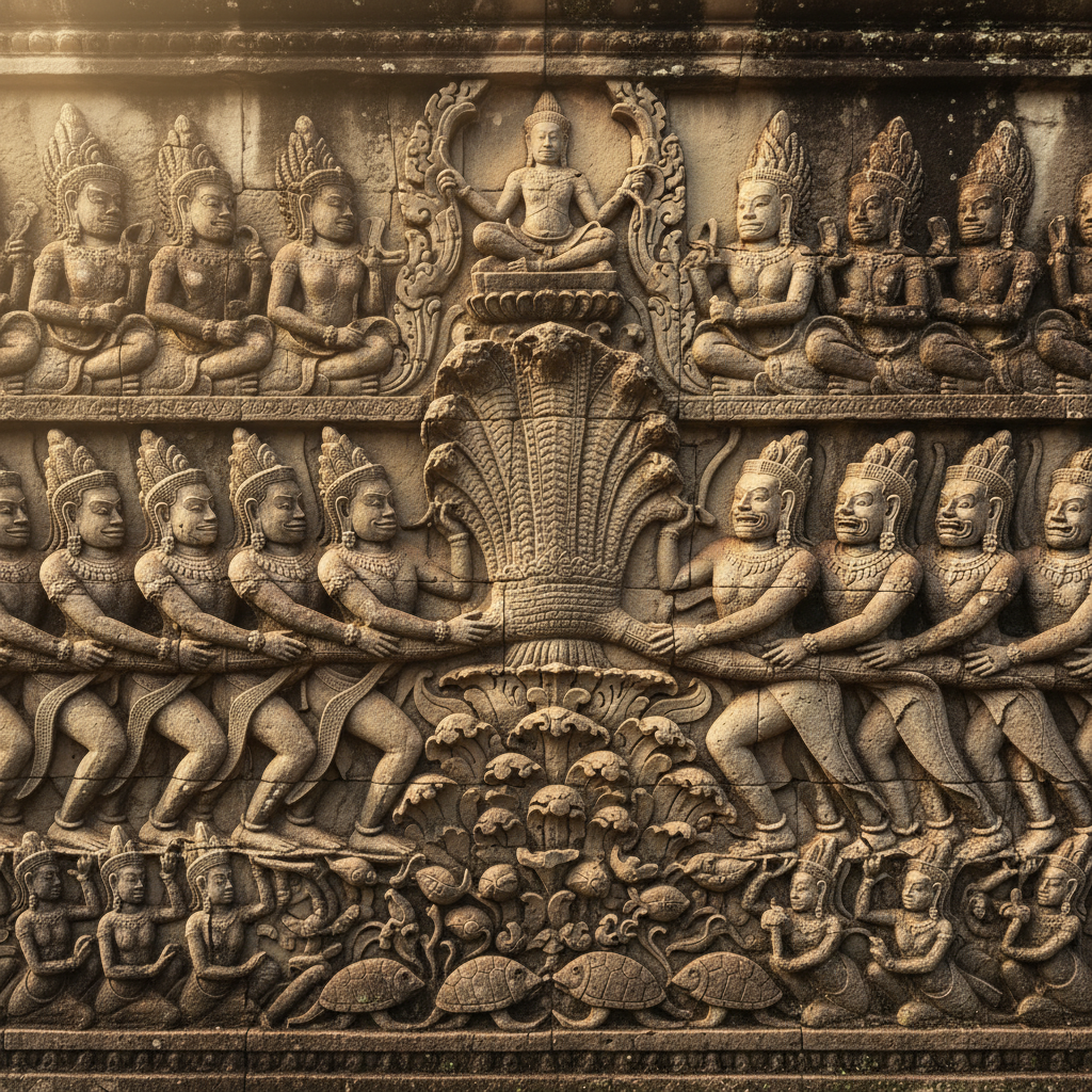 A detailed close-up professional photo of a section of the bas-reliefs within Angkor Wat, specifically focusing on the 'Churning of the Ocean of Milk' scene. The intricate carvings of gods, asuras, and mythical creatures should be clearly visible, highlighting the artistic craftsmanship and storytelling. Soft, natural light should illuminate the stone, emphasizing its texture and age.