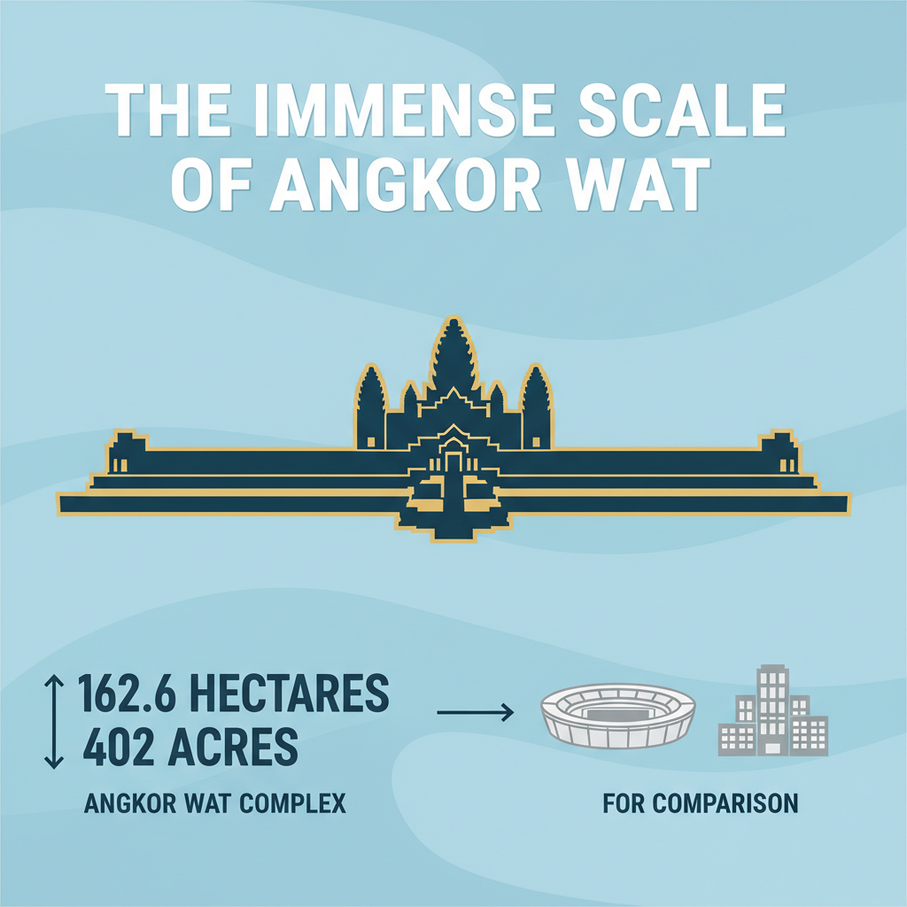 A captivating vector illustration or infographic-style image that visually represents the scale of Angkor Wat. It could feature a stylized silhouette of Angkor Wat with key dimensions (e.g., 162.6 hectares) overlaid, juxtaposed with a recognizable, smaller landmark (like a football stadium or an average city block) for comparison, to convey its immense size effectively and creatively.