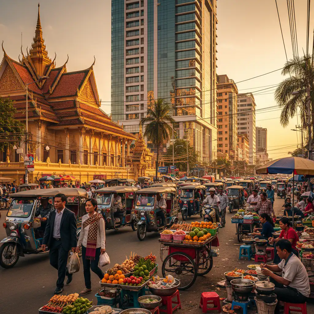 A vibrant and bustling street scene in Phnom Penh, Cambodia, showcasing a blend of traditional Khmer architecture and modern buildings under a warm, tropical sun. Include tuk-tuks, street vendors, and people going about their daily lives. The image should convey energy and cultural richness, perhaps with a slight upward angle emphasizing the city's growth. Professional photo, HDR.