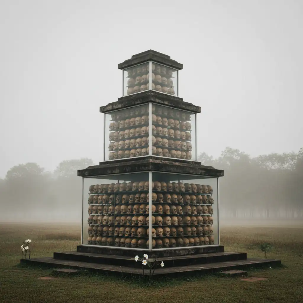 An artistic, respectful depiction of the Choeung Ek Genocidal Center (The Killing Fields). Focus on the central memorial stupa, filled with skulls, presented in a somber and reflective light. The surrounding landscape should appear peaceful yet carry a weighty atmosphere, perhaps with a subtle mist or soft, diffused lighting. The photo should evoke a sense of remembrance and solemnity, rather than horror. Professional, emotionally resonant photo with a muted color palette.