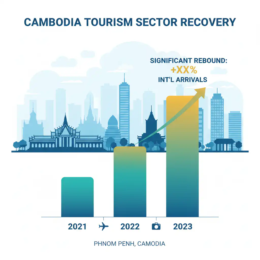 A digital illustration or infographic element showing a bar chart or line graph symbolizing the 'significant rebound' in Cambodia's tourism sector. The graph should clearly indicate an upward trend in international arrivals to Phnom Penh for 2023, possibly featuring a silhouette of the city skyline in the background or small icons representing tourists. Clean, modern infographic style with professional icons and a clear, readable design.