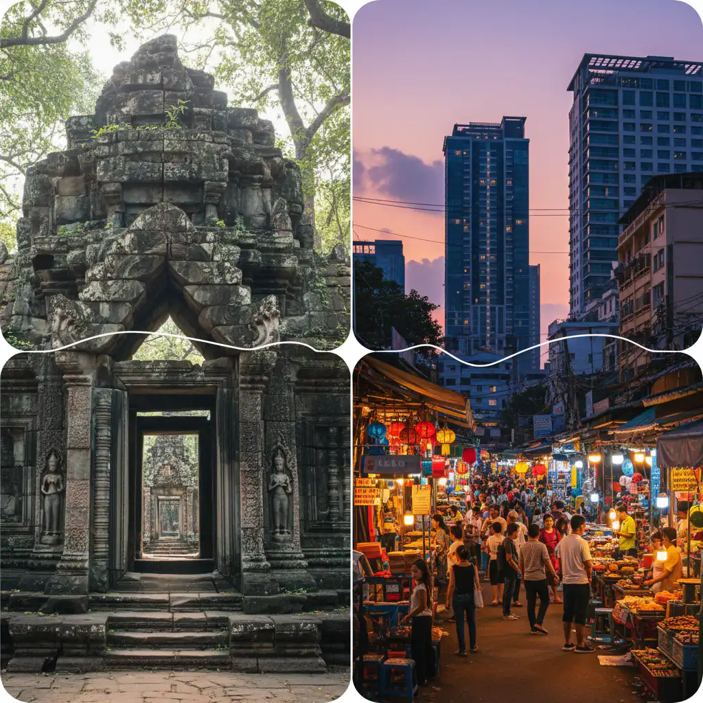 A split or composite image depicting the contrast of Phnom Penh: one side showing a serene, ancient temple ruin (like a detail from the Royal Palace or Silver Pagoda), and the other side showing a modern, vibrant street market or a dynamic city view with contemporary architecture. Use a warm, inviting color palette for the modern side and a slightly more muted, respectful palette for the ancient side to symbolize 'ancient history' vs. 'burgeoning present'. Professional photo collage.