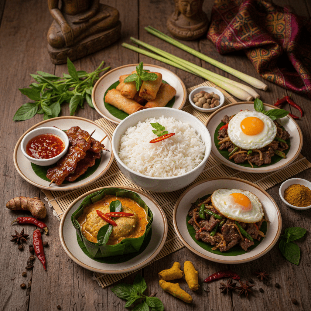A vibrant flat lay professional photo showcasing a beautifully plated selection of small portions of various Cambodian dishes, artfully arranged on a rustic wooden table with fresh herbs, spices (like turmeric, galangal, lemongrass), and a small bowl of rice prominently displayed. The lighting should be soft and natural, emphasizing the colors and textures of the food. Include subtly blurred elements of traditional Cambodian decor in the background.