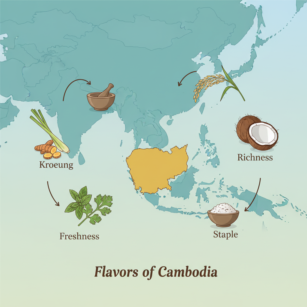An engaging infographic style illustration depicting a map of Southeast Asia with a highlighted Cambodia, surrounded by key ingredients of Khmer cuisine floating around it (lemongrass, galangal, turmeric, fresh herbs, coconut, a rice stalk). Text bubbles connect these ingredients to icons representing their role, e.g., 'Kroeung' next to the spices, 'Staple' next to rice. Use a clean, modern aesthetic with a calming color palette.