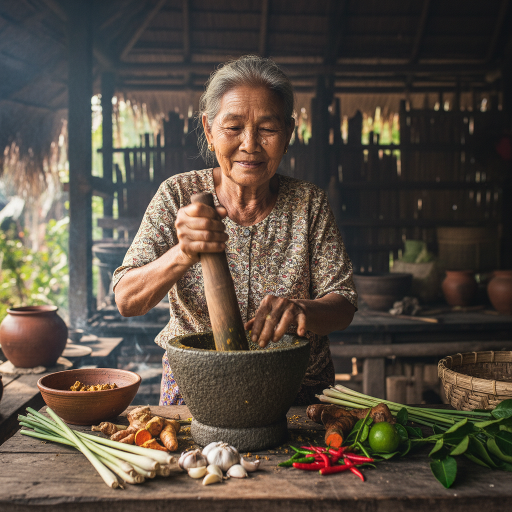 A dynamic professional photograph of an elderly Cambodian woman, with kind eyes and a warm smile, skillfully preparing 'kroeung' in a traditional mortar and pestle. Her hands are in motion, surrounded by the fresh ingredients like lemongrass, galangal, turmeric, and garlic. The scene is set in a rustic, open-air kitchen with natural light, conveying authenticity and tradition.