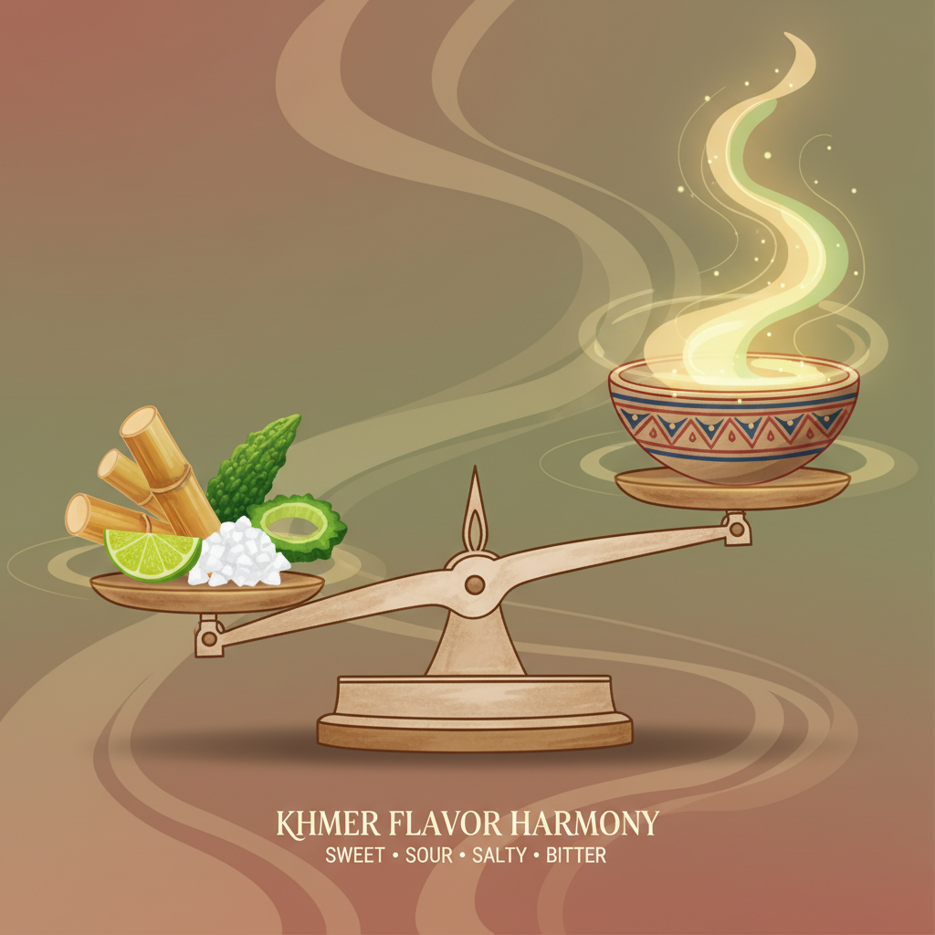 A conceptual illustration depicting a gentle visual balance scale. On one side, various sweet, sour, salty, and bitter ingredients are subtly represented (e.g., a sugar cane piece, a lime wedge, a salt crystal, bitter melon slice). On the other side, an icon of a traditional Khmer bowl of food, emanating a harmonious glow. The background is a soft, earthy tone, illustrating the 'gentle and harmonious blend' of flavors in Khmer cuisine.