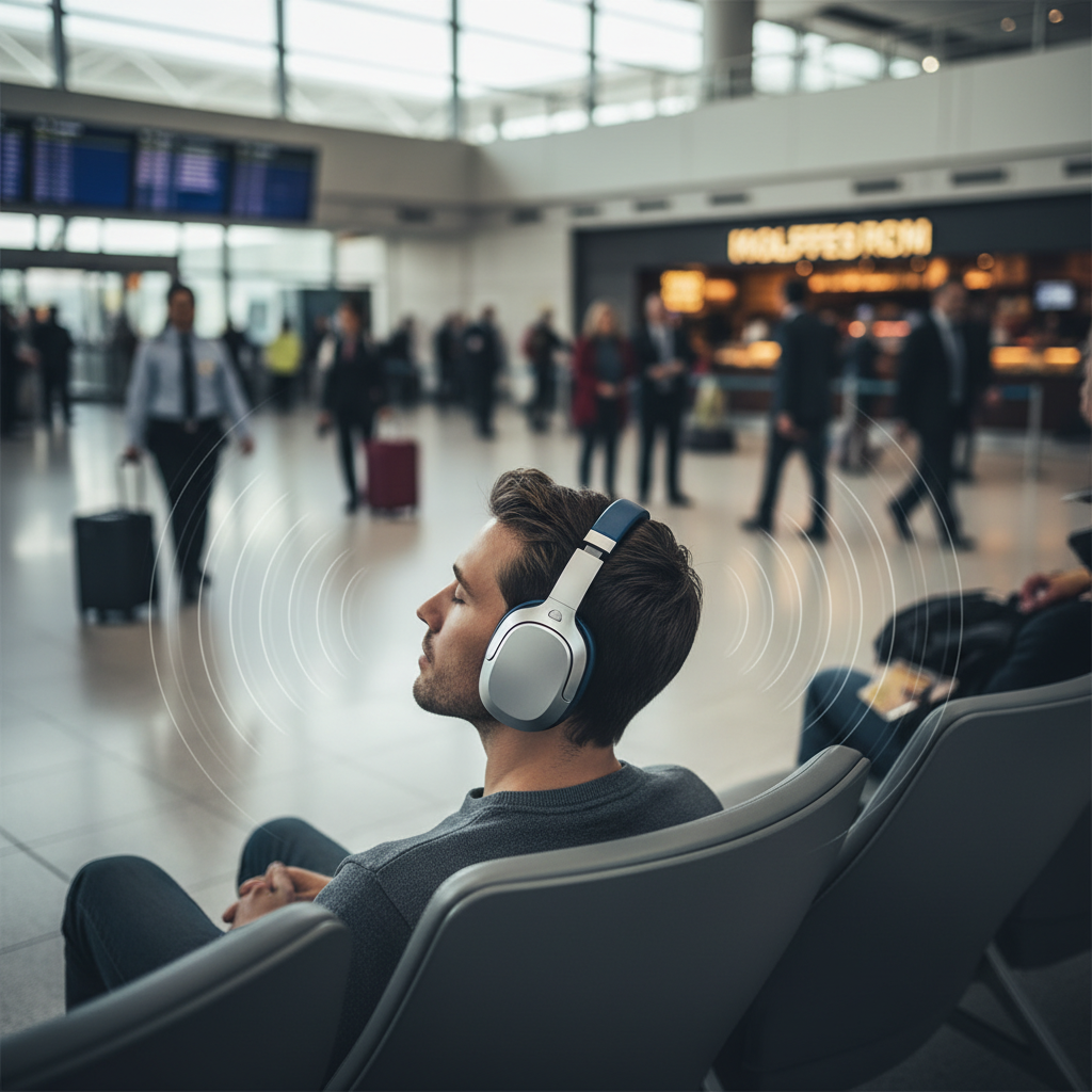 A high-angle, professional photo of a person wearing sleek, futuristic noise-cancelling headphones while sitting calmly in a bustling, slightly blurred city environment (e.g., a cafe, subway, or airport terminal). The emphasis is on the contrast between the wearer's serene focus and the vibrant, active background, symbolizing auditory peace amidst chaos. Soft, natural lighting. A subtle effect of sound waves emanating from the headphones, dissipating the ambient noise.