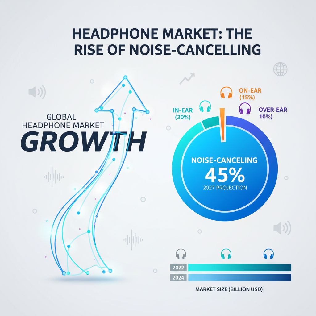 An infographic-style illustration depicting the global market growth of headphones, specifically highlighting the increasing share of noise-cancelling models. Use clean lines, modern icons, and a clear upward trend arrow. A pie chart or bar graph showing market distribution by headphone type (e.g., in-ear, on-ear, over-ear) with the noise-cancelling segment prominently displayed and a 2027 projection. Use a vibrant, approachable color palette.