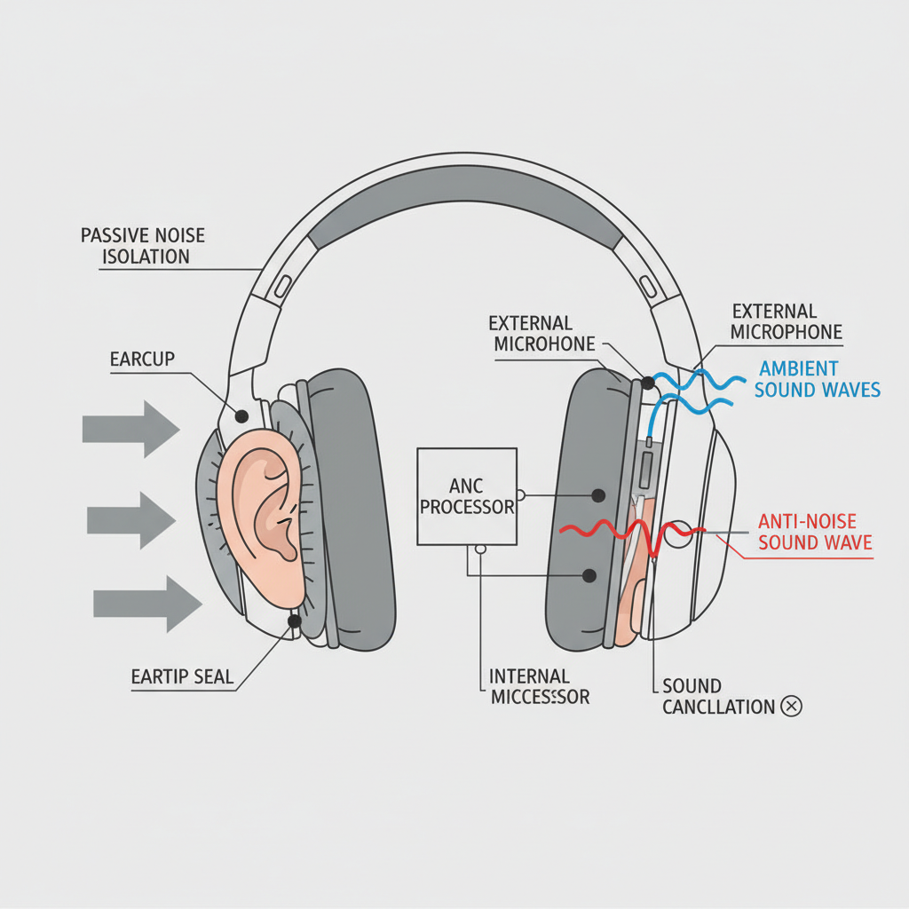 A detailed, cutaway diagram illustration of noise-cancelling headphones showcasing both Passive Noise Isolation and Active Noise Cancellation (ANC) mechanisms. Clearly label the physical earcups/eartips for passive isolation. For ANC, illustrate external microphones detecting ambient sound, an internal processor, and the generation of an 'anti-noise' sound wave (represented as opposing waveforms cancelling each other out) near the ear canal. Use a clean, technical drawing style with a touch of modern minimalism.