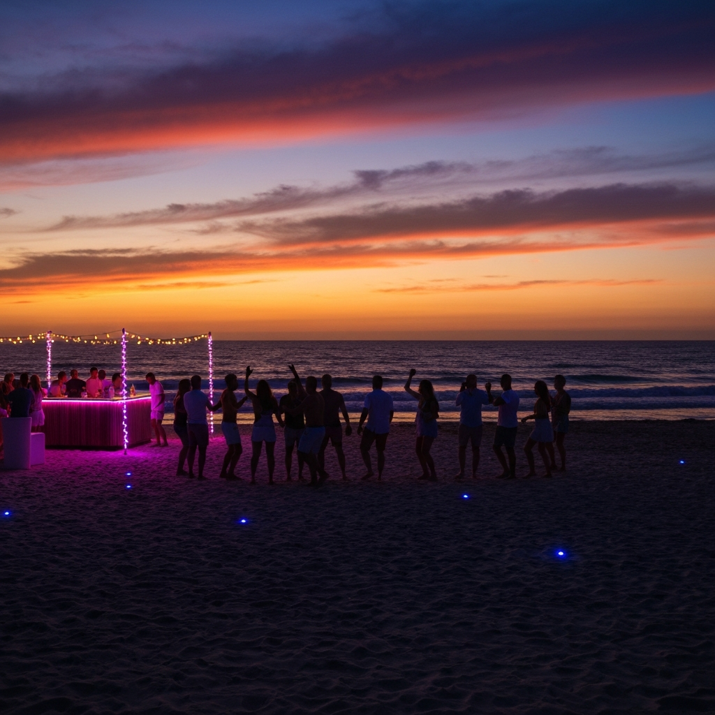 A professional photo capturing the magical transition from sunset to a beach party on a European coastline. The sky is ablaze with fiery orange, purple, and deep blue hues. On the sandy foreground, silhouettes of people are dancing joyfully as subtle LED and string lights begin to illuminate a beach bar area. Gentle ocean waves lap the shore in the background, creating an atmosphere of vibrant energy and anticipation as day turns to night.
