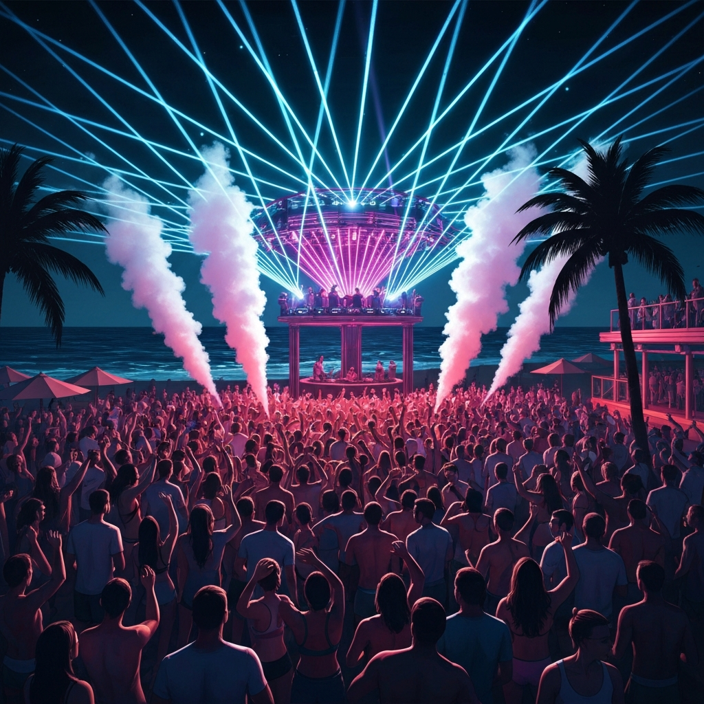 A dynamic digital illustration depicting an energetic, open-air super-club scene on a famous European beach at night, inspired by Ibiza. A massive crowd of people is dancing under a canopy of vibrant laser lights and smoke effects, originating from a DJ booth elevated above the crowd. Palm trees are silhouetted against the bright light show. The dark ocean is visible in the background, emphasizing the coastal party atmosphere.