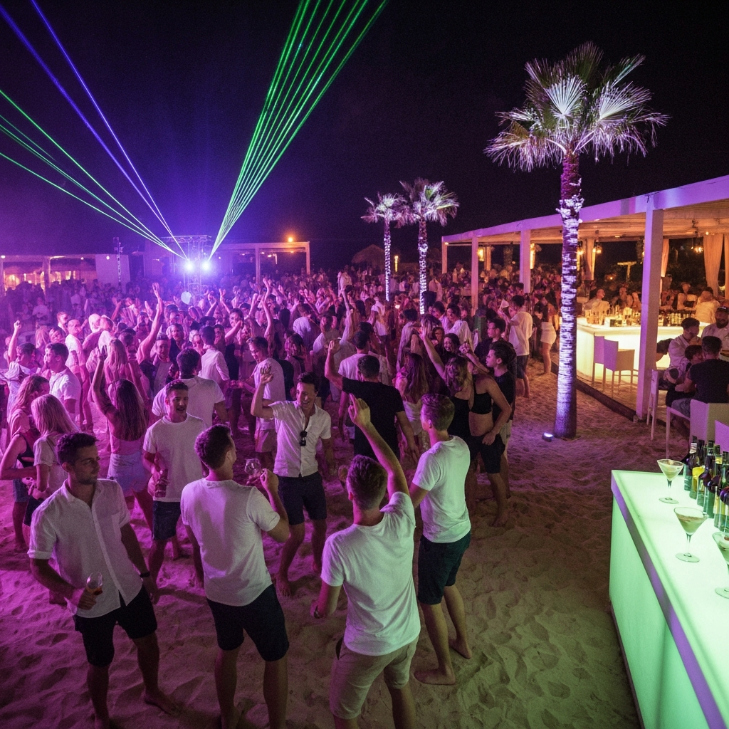A dynamic, high-energy professional photo showcasing a bustling open-air beach club scene after dark. A diverse crowd of young adults are enthusiastically dancing on the sandy floor, illuminated by vibrant laser lights, colorful stage strobes, and subtle uplighting on nearby palm trees. Sleek cocktail glasses are visible on a nearby glowing bar counter. The atmosphere is electric and celebratory, capturing the peak of European beach nightlife.