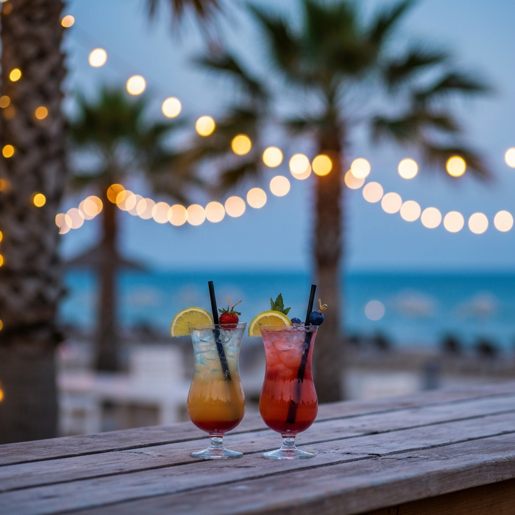 A professional, close-up photograph of two colorful, refreshing cocktails, garnished with fresh fruit, sitting on a weathered wooden beach bar counter. The background is softly blurred, showing warm, glowing fairy lights strung between palm trees, creating a cozy and inviting ambiance. Beyond the bar, out of focus, the gentle shimmer of the ocean at twilight suggests a relaxed evening party setting on a European beach.