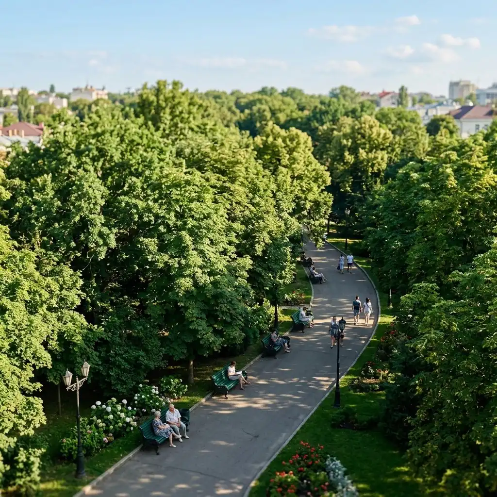 A high-angle professional travel photograph capturing the lush, dense canopy of trees in Stefan cel Mare Central Park, Chișinău, during a sunny afternoon in 2026. The scene shows dappled sunlight filtering through ancient tree branches onto a paved path where local residents are relaxing on vintage wooden benches. The aesthetic is vibrant and serene, emphasizing the city's reputation as one of Europe's greenest capitals. The image features a shallow depth of field, clear blue sky, and a peaceful urban atmosphere with no text or signs.