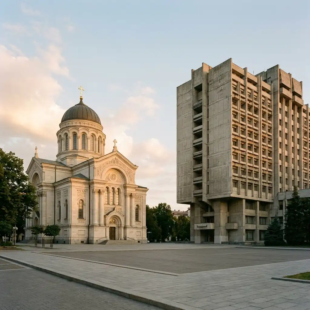 A wide-angle architectural shot illustrating the striking contrast between historical neoclassical buildings and imposing Soviet-era brutalist structures in the city center. The composition places a pale stone, ornate cathedral on one side of the frame and a geometric, textured concrete building on the other. The lighting is golden hour, highlighting the textures of the masonry and the unique heritage of the city. The style is clean, modern editorial photography with crisp details and a balanced perspective, devoid of any people or human-made lettering.