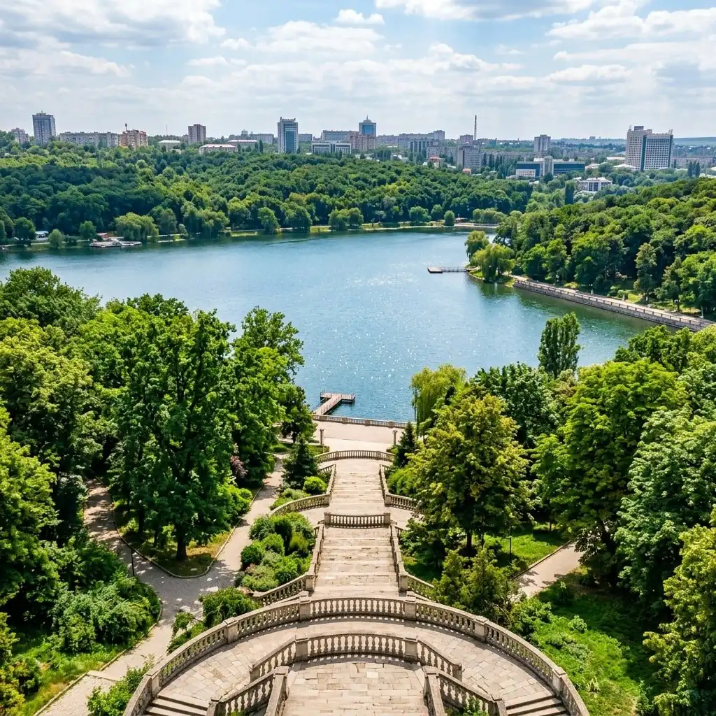A picturesque landscape shot of the iconic Valea Morilor Park, focusing on the grand, sweeping stone staircase that leads down to the sparkling artificial lake. The surrounding landscape is filled with vibrant greenery and forest slopes. In the background, a glimpse of the modern city skyline rises above the trees. The image style is bright and inviting, captured with high-dynamic-range photography to emphasize the natural beauty and the architectural elegance of the lakeside scenery. The image is purely visual with no text, symbols, or human figures.