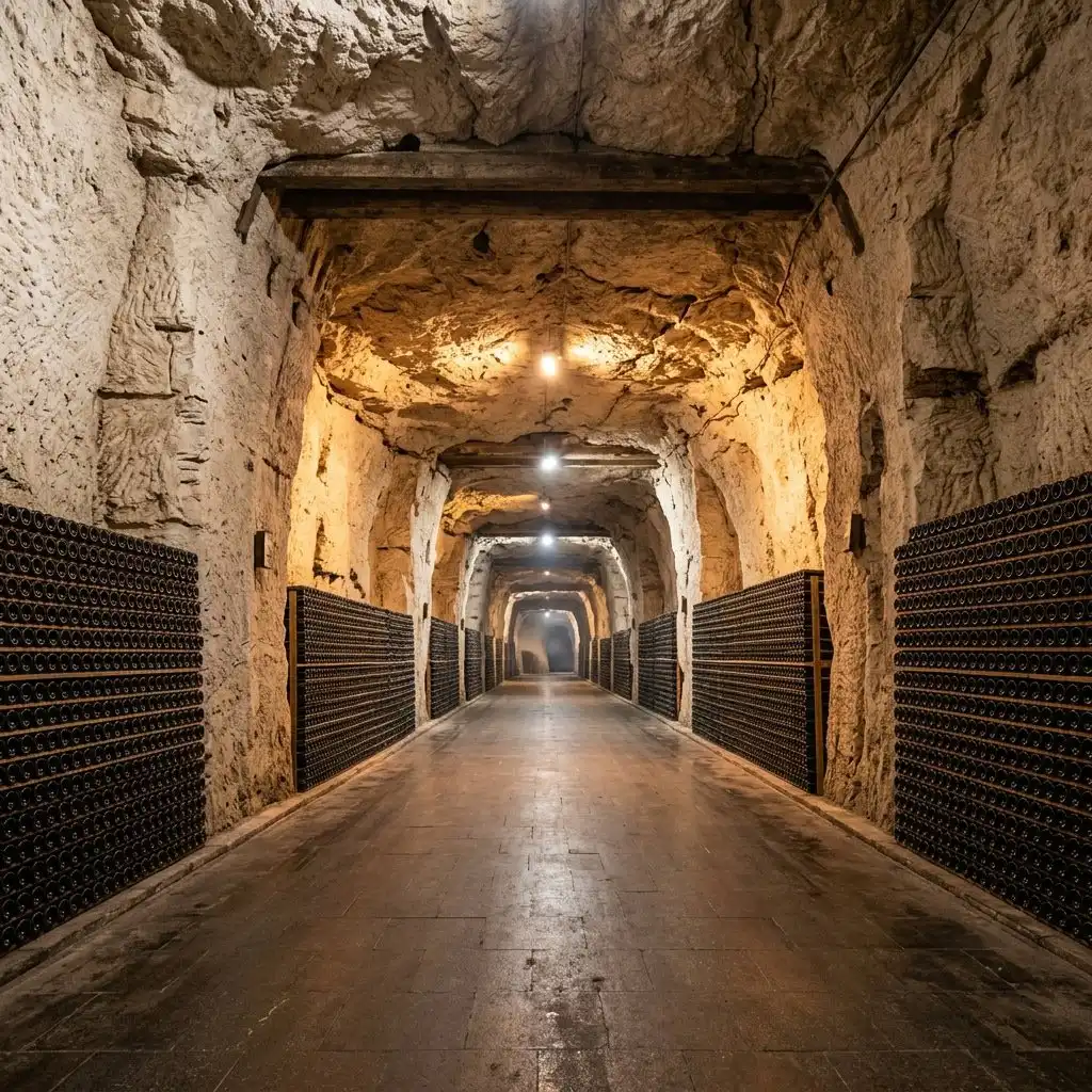 A wide-angle, cinematic professional photograph of a cavernous limestone tunnel within the Cricova winery. The tunnel, carved from pale, textured limestone, stretches into the distance, fading into a mysterious atmospheric haze. Neat rows of millions of stacked wine bottles line the cavern walls, glowing softly under warm, recessed amber lighting. The floor is a wide, smooth stone road capable of holding a vehicle, emphasizing the immense scale of this subterranean city. The atmosphere is cool, serene, and majestic, highlighting the architectural feat of the underground space.