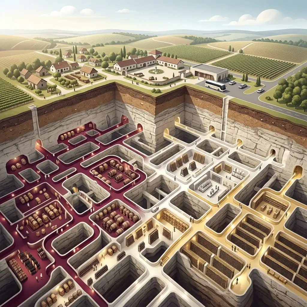 A high-angle architectural visualization or infographic-style illustration depicting the vast, sprawling layout of the Cricova underground labyrinth. The image shows a cutaway view of the rolling Moldovan hills with a glowing network of tunnels beneath, organized like city streets. Various galleries are color-coded to represent different aging zones, sparkling wine production areas, and storage vaults. The style is clean and modern with a soft, sophisticated color palette of limestone white, deep burgundy, and soft gold, emphasizing the depth and complexity of the subterranean grid.