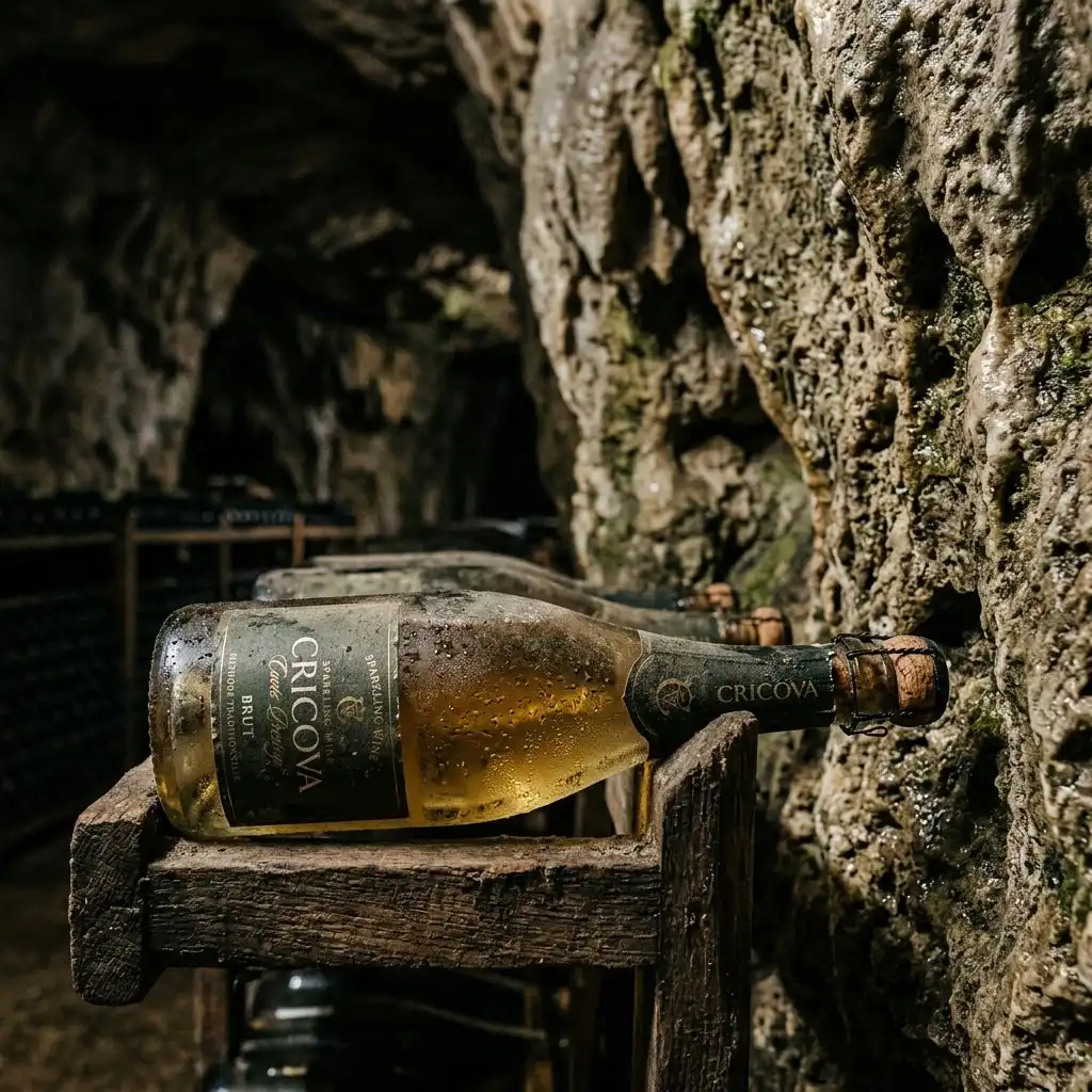 A detailed, close-up macro shot capturing the interplay between the ancient, porous limestone walls and the precision of modern viticulture. A single, dusty glass bottle of sparkling wine rests on a handmade wooden rack, surrounded by the rough, raw texture of the natural limestone cavern wall. The lighting is moody and dramatic, focusing on the condensation on the bottle and the unique geological formations of the cave. The image evokes a sense of silence, time, and the perfect natural conditions found within the deep Moldovan tunnels.
