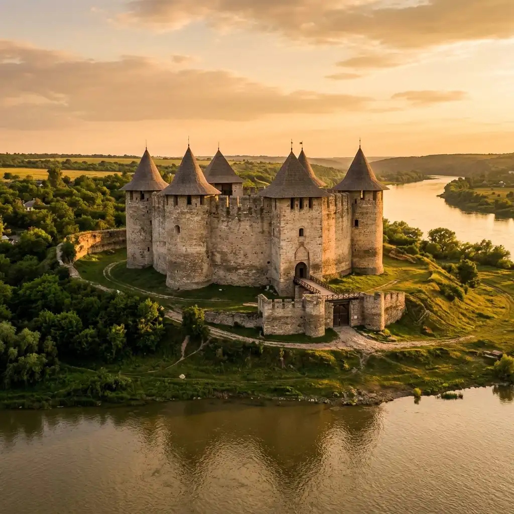 A wide-angle professional architectural photograph of the Soroca Fortress at golden hour, capturing its unique circular stone structure perched on the grassy banks of the Dniester River. The five bastions are clearly visible, casting long, dramatic shadows across the rugged masonry. The river flows calmly in the foreground, reflecting the warm amber hues of the sunset. The atmosphere is serene and historical, emphasizing the fortress's resilience and its strategic placement within the Moldavian landscape. High resolution, cinematic lighting, realistic textures.