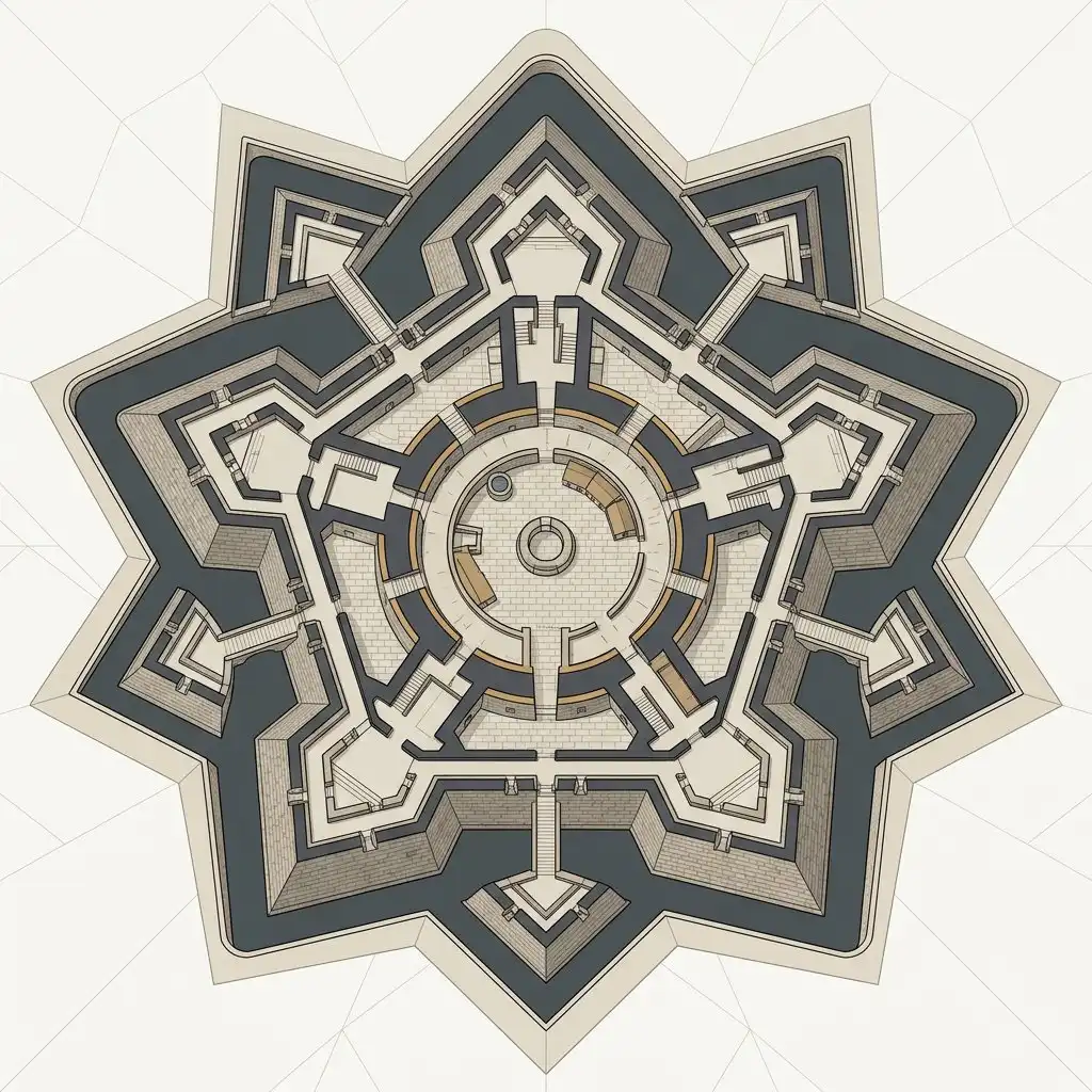 A detailed technical architectural diagram in a minimalist, clean aesthetic, illustrating the unique circular geometry of the fortress. The view is a top-down cutaway style showing the five interconnected bastions and the central courtyard. Use soft earth tones, deep grays, and muted stone textures to differentiate the walls from the interior space. The lines should be crisp and precise, focusing on the tactical design that allowed for the deflection of projectiles, presented as an elegant, high-end educational infographic illustration.