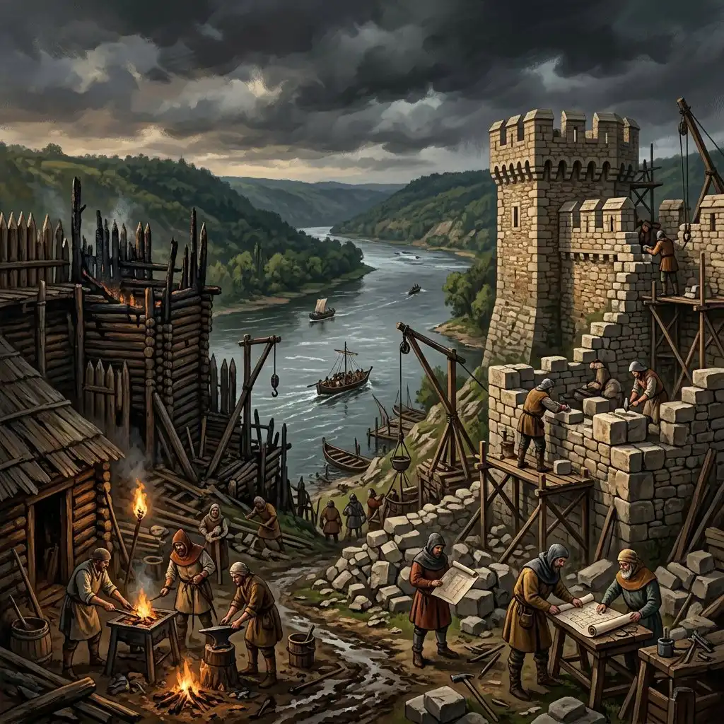 A dramatic, atmospheric illustration depicting the 16th-century historical transition from the original wooden fort to the current stone edifice. The scene shows medieval stonemasons and architects working near the riverbank, with half of the fortress displaying rustic, charred wooden palisades and the other half showing emerging, precisely carved stone walls. The background features the lush landscape of the Dniester River valley under a stormy, historic sky. The style is a rich, painterly digital art piece with a focus on historical authenticity and dramatic contrast.