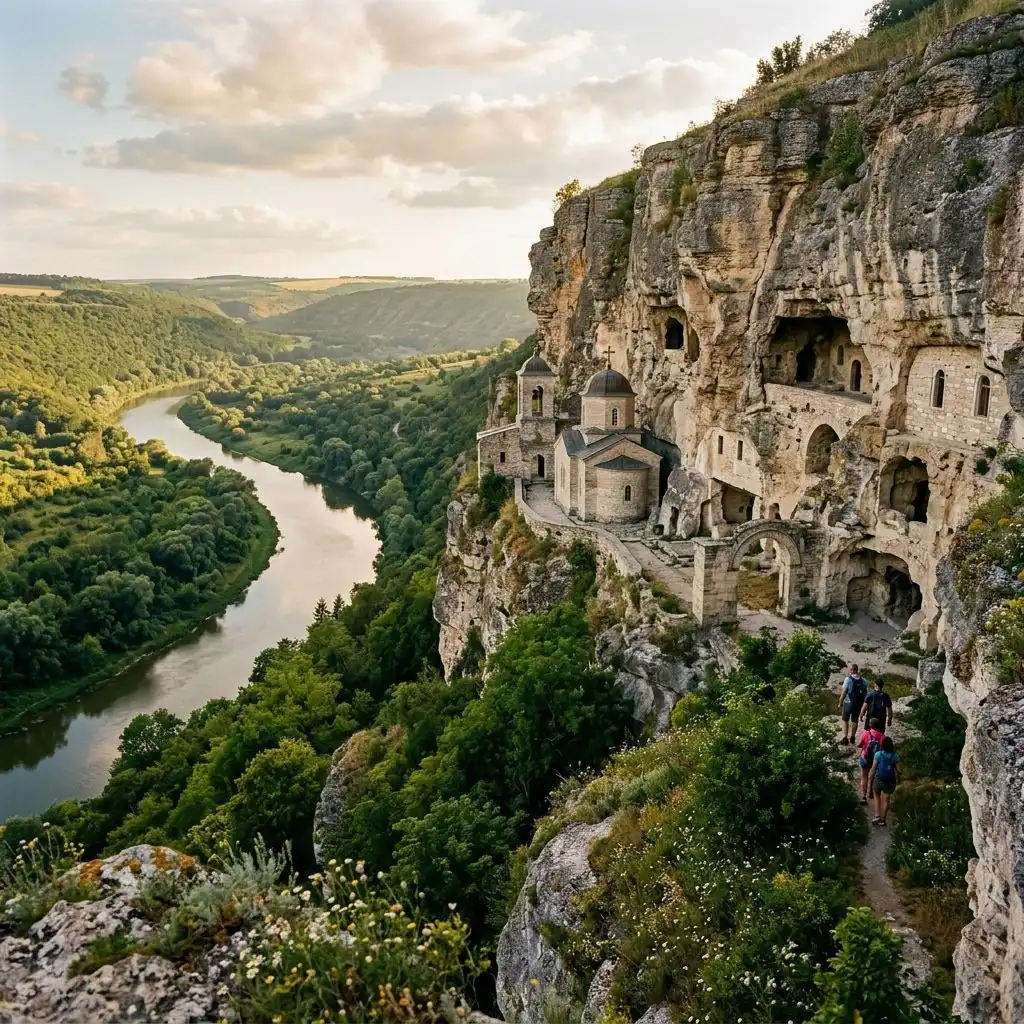 A cinematic wide-angle photograph capturing the Tipova Monastery carved directly into the rugged limestone cliffs. The monastery complex features weathered stone archways and cave entrances blending seamlessly into the rock face. Below, the winding Dniester River flows gracefully through a lush, verdant valley covered in dense forests. The lighting is golden hour sunlight, casting soft shadows and highlighting the texture of the ancient stone. The scene is tranquil and majestic, emphasizing the harmony between the historic religious site and the untouched natural landscape of the Moldovan countryside.