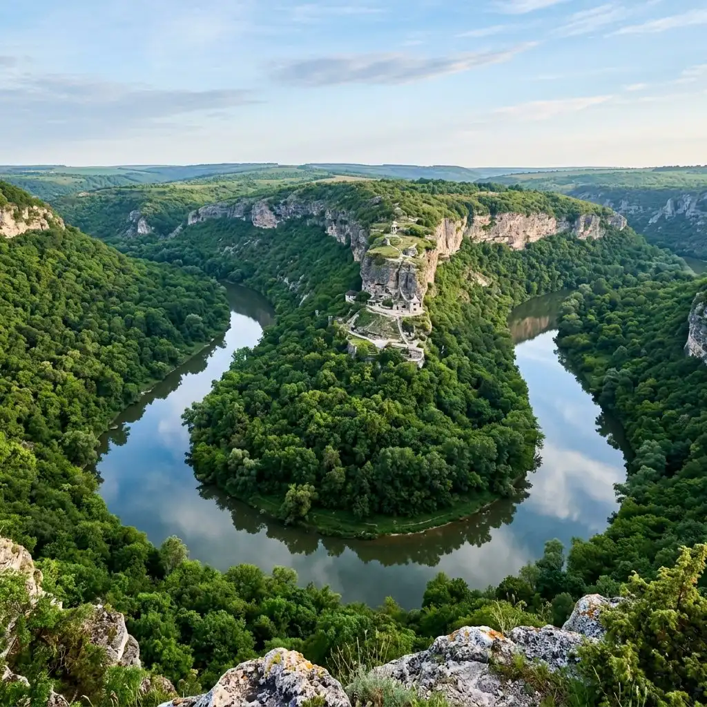 A high-angle, ethereal landscape photograph focusing on the Dniester River as it snakes through the deep, dramatic canyon of the Tipova valley. The river reflects the soft blue sky and the surrounding emerald-green trees. In the middle distance, the cliffside monastery is visible as a series of integrated dwellings built into the limestone. The atmosphere is serene and contemplative, perfect for a slow-travel article. The image should feature natural, vivid colors, deep depth of field, and a crisp, professional photographic style that feels immersive and peaceful.