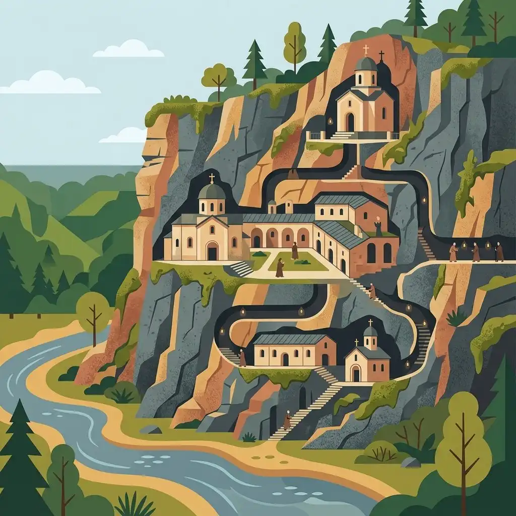 A sophisticated flat illustration style graphic depicting the architectural evolution and spiritual significance of the Tipova Monastery. The composition shows a stylized cross-section view of the three main monastery complexes connected by internal tunnels within the cliffside, set against a backdrop of a simplified flowing river. Use a palette of earthy tones—ochre, slate grey, moss green, and terracotta—to evoke a sense of history and nature. The aesthetic is clean, modern, and minimalist, ideal for a blog header that conveys both historical depth and the beauty of the surrounding wilderness.